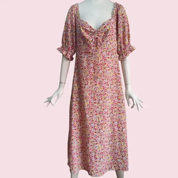Lush Boho Ditsy Floral Smocked Back Sweetheart Neck Puff Sleeve Midi Dress Sz XL - Picture 1 of 11